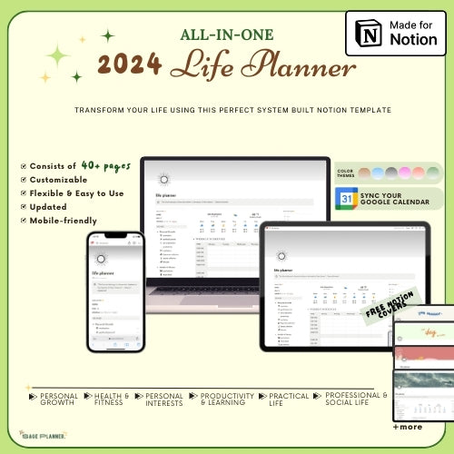 2024 All-in-1 Life Planner Notion template | 40+ pages , Get FREE Ultimate Book Tracker!
